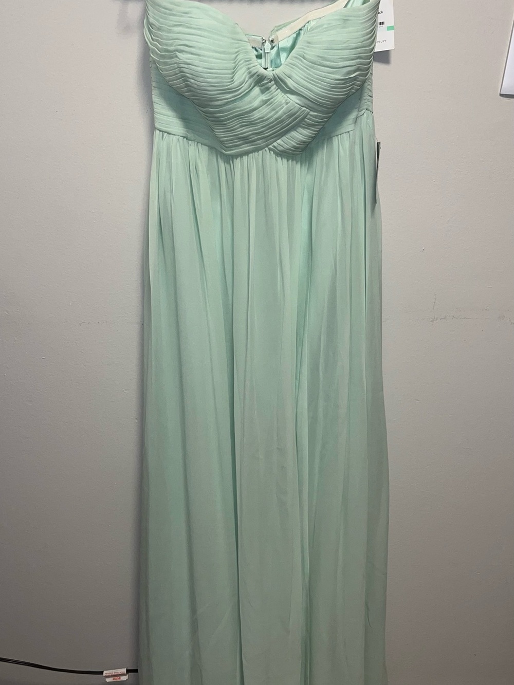 Donna Morgan Strapless Ruched Chiffon Maxi Gown Mint Green Bridesmaid Size 8